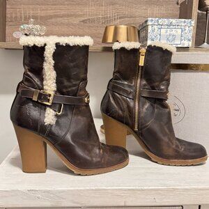 NWOT Michael Kors Shearling Leather Heeled Booties Brown Size 7